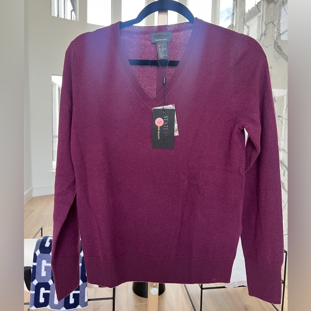 STATE FUSIO Merino Wool & Cashmere V-Neck Sweater – Plum